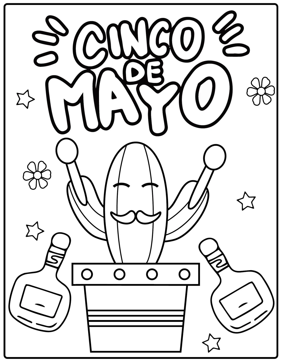 Cinco de Mayo coloring page: a smiling mustached cactus in a pot shaking maracas, with two bottles, flowers and stars