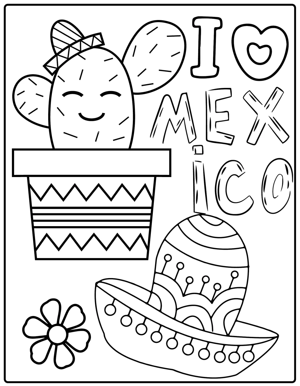 I love Mexico coloring page with a heart, a smiling potted cactus wearing a small sombrero, a large sombrero and a flower