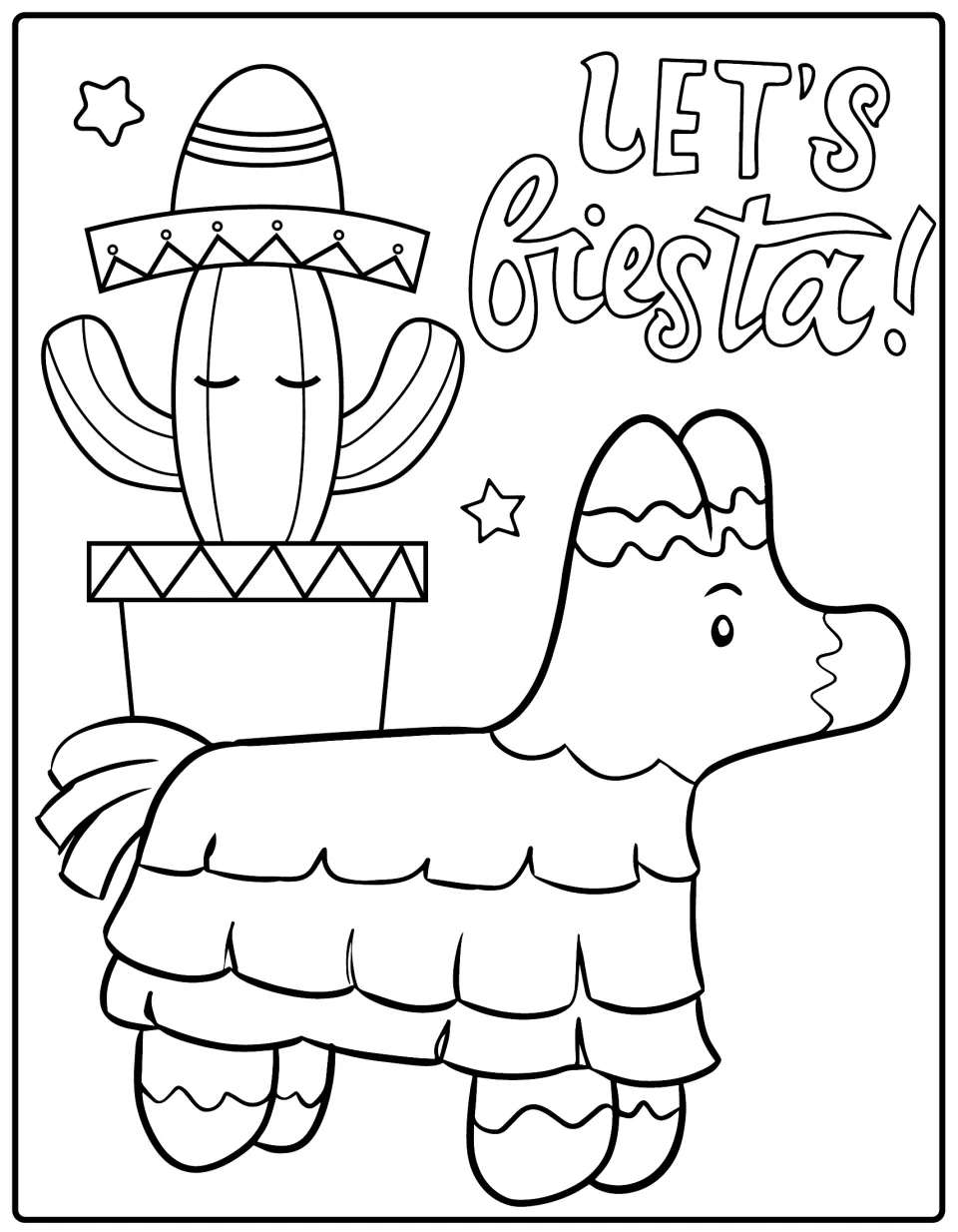 Let's Fiesta! coloring page: a donkey piñata beside a sleepy potted cactus in a sombrero, with stars to color