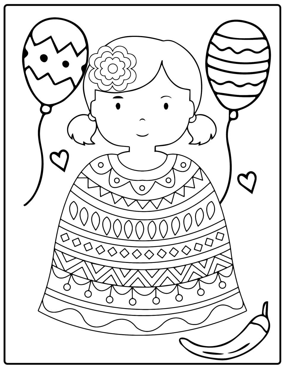 Fiesta girl coloring page: a girl with a flower in her hair wears a patterned dress, with two balloons, hearts and a chili