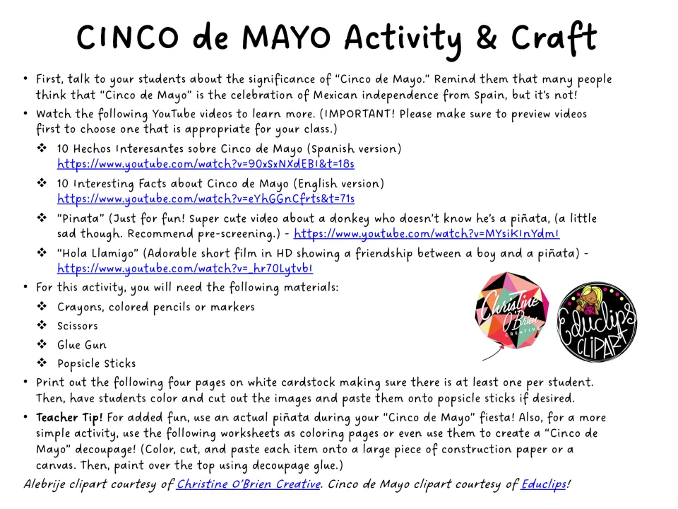 Teacher directions: discuss the holiday, watch 4 YouTube videos, gather supplies, color and cut out the craft pages