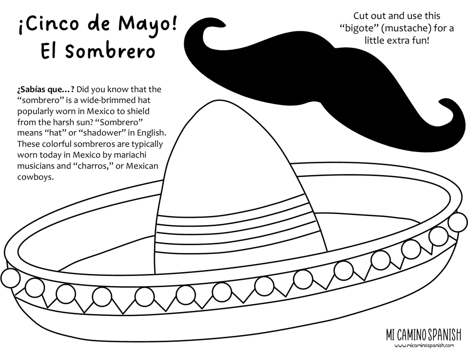 El Sombrero coloring page: students color a sombrero and cut out a bigote (mustache), plus a ¿Sabías que…? hat fact