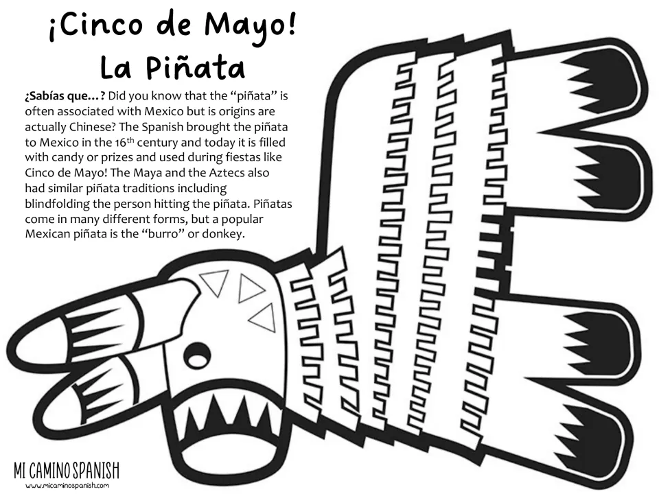 La Piñata coloring page: a striped donkey piñata to color and cut out, with a fact on its Chinese origins