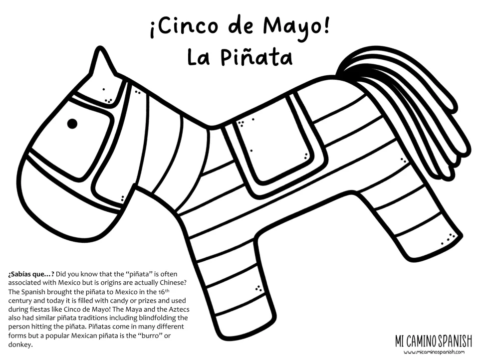Second La Piñata page: a rounder burro piñata with saddle and tail to color and cut out, plus the same piñata fact