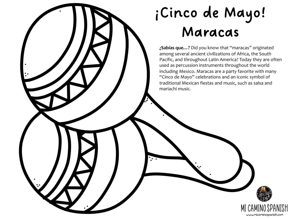Maracas coloring page: students color and cut out a pair of patterned maracas and read where maracas originated