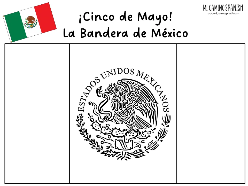 La Bandera de México: students color an outline Mexican flag with the eagle coat of arms, using a small color model