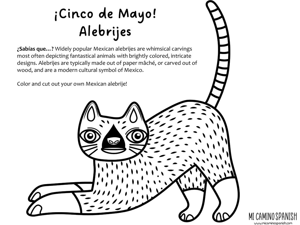 Alebrijes page: students color and cut out a patterned alebrije cat after reading about whimsical Mexican carvings