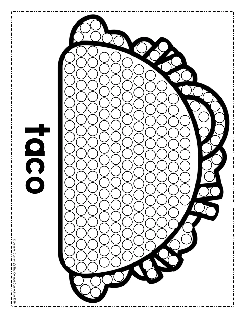 Taco dot painting page: students dab a paint dot in each circle across the taco shell and its ruffled filling