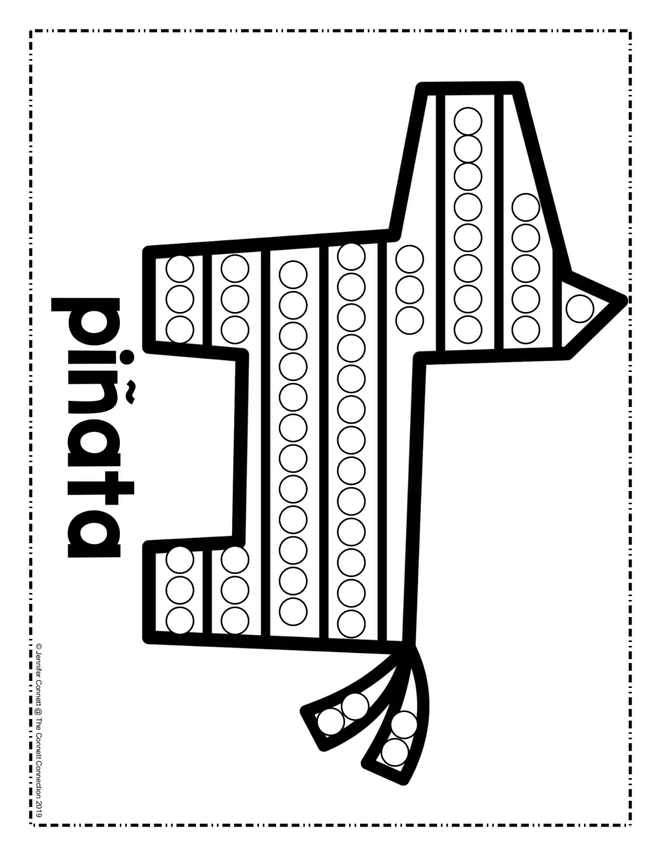 Piñata dot art: children dab paint into rows of circles along a striped donkey piñata, its head and its streamers