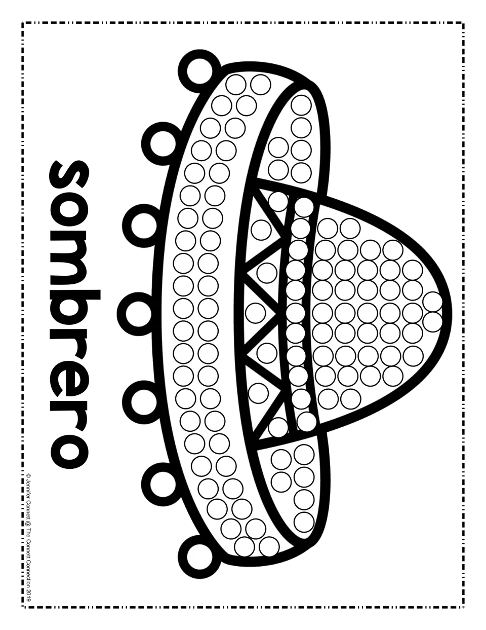 Sombrero dot page: students fill circles on the brim, crown and zigzag band of a pom-pom-trimmed hat