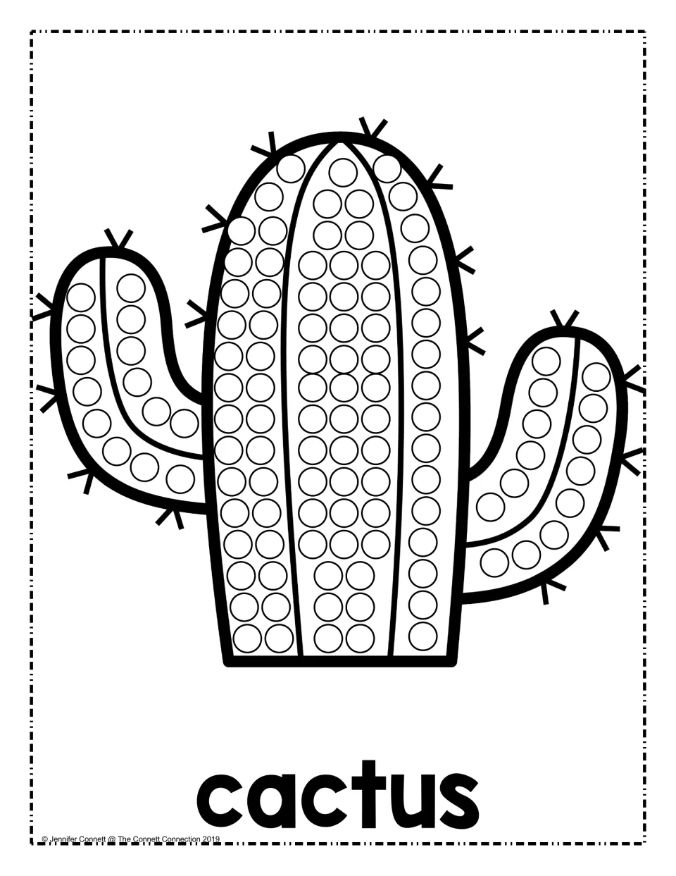 Cactus dot painting: students stamp a dot marker in each circle on a spiny cactus trunk and its two arms