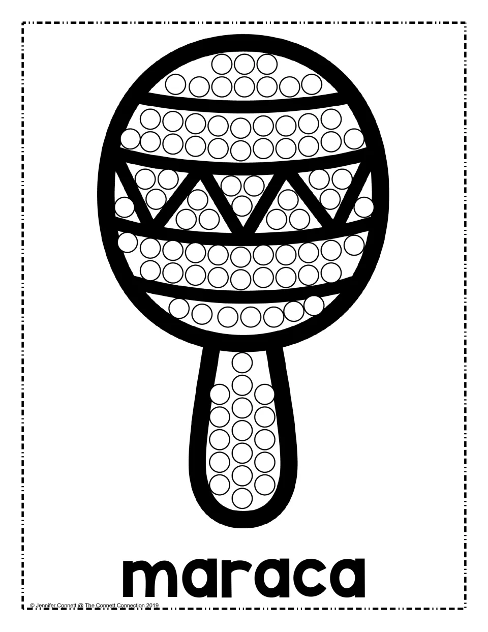 Maraca dot page: students fill circles on a maraca with zigzag and striped bands, then dot down its handle