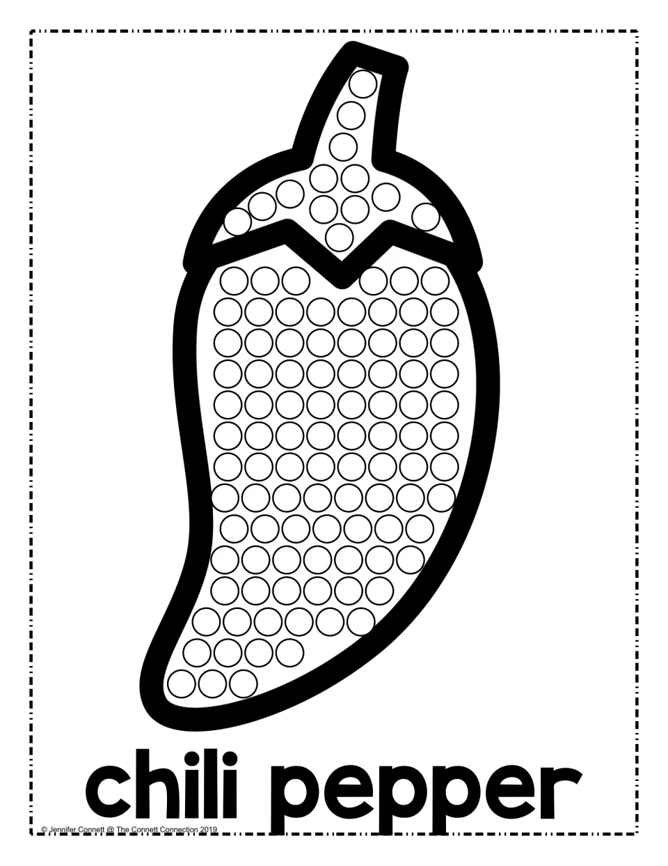 Chili pepper dot page: students press a dot marker into each circle on the pepper body, then dot its stem and cap