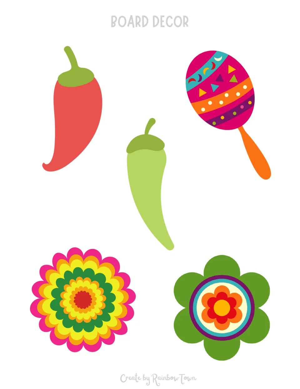Cinco de Mayo board decor cut-outs: a red chili pepper, a green chili pepper, a striped maraca and two bright flowers