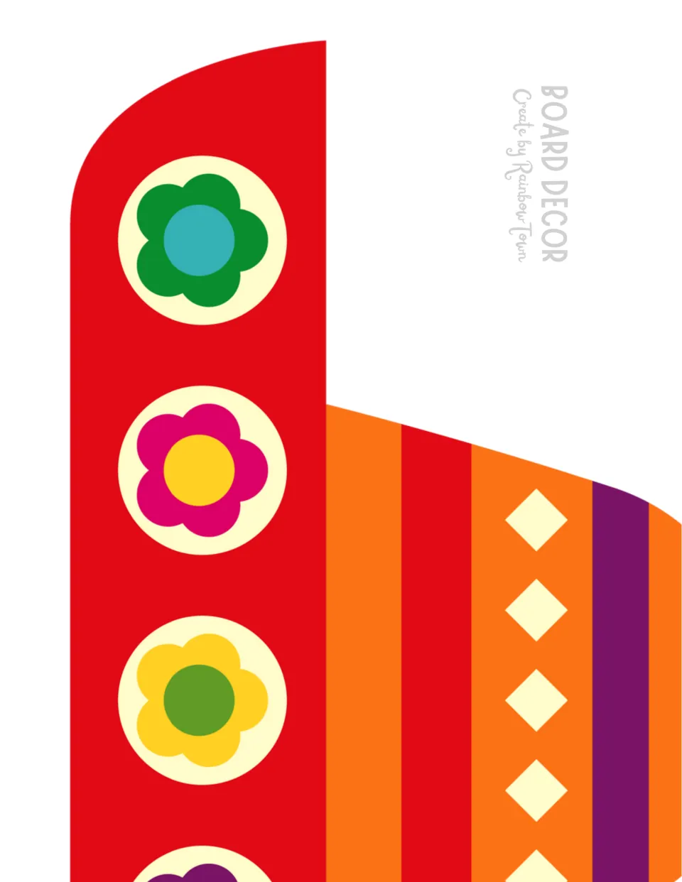 Cut-out piece of a large fiesta shape: a red band with cream-circled flowers beside orange and purple stripes
