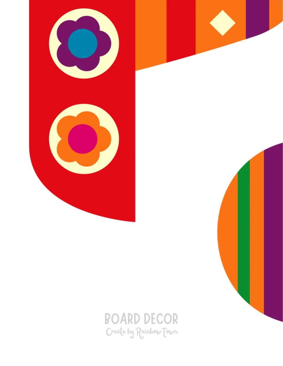 Cut-out piece continuing the red flower band, with the edge of an orange, green and purple striped round shape