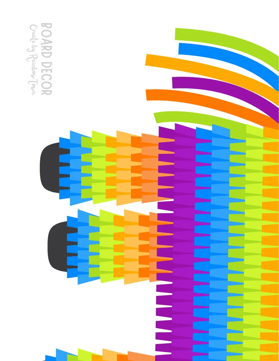Cut-out piece of a piñata-style shape with layered rainbow fringe, dark rounded feet and curved colored stripes