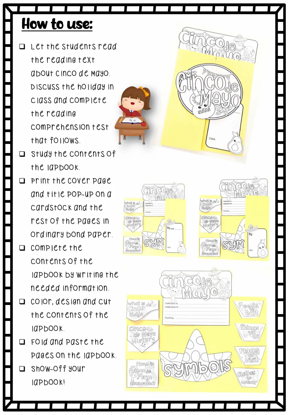 How to use: steps to read the text, take the comprehension test, print, color, cut and paste lapbook parts with photos