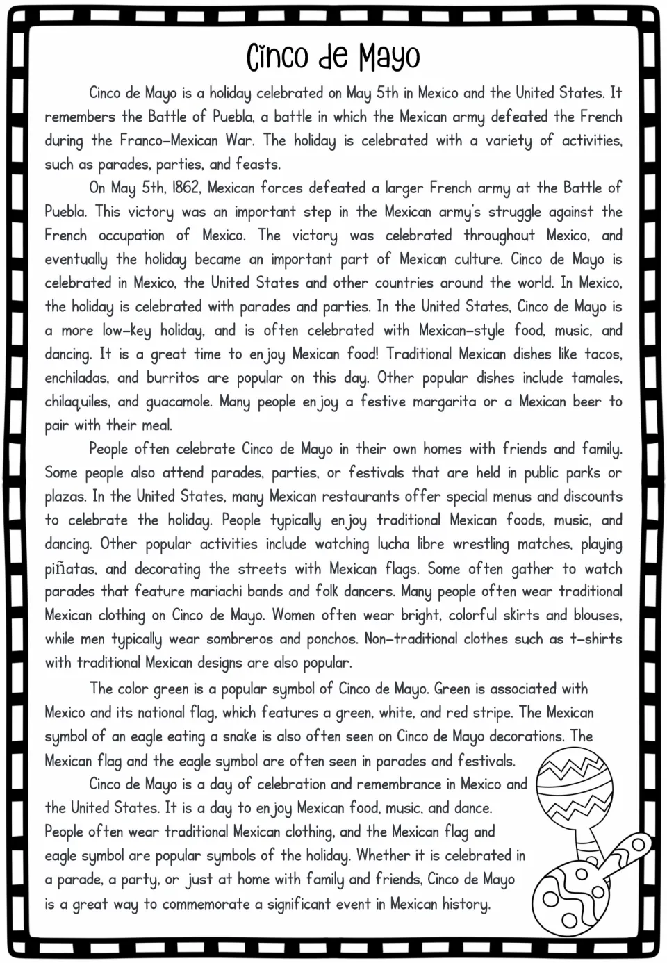 Cinco de Mayo reading passage on the 1862 Battle of Puebla, holiday foods, celebrations, clothing and symbols like the flag