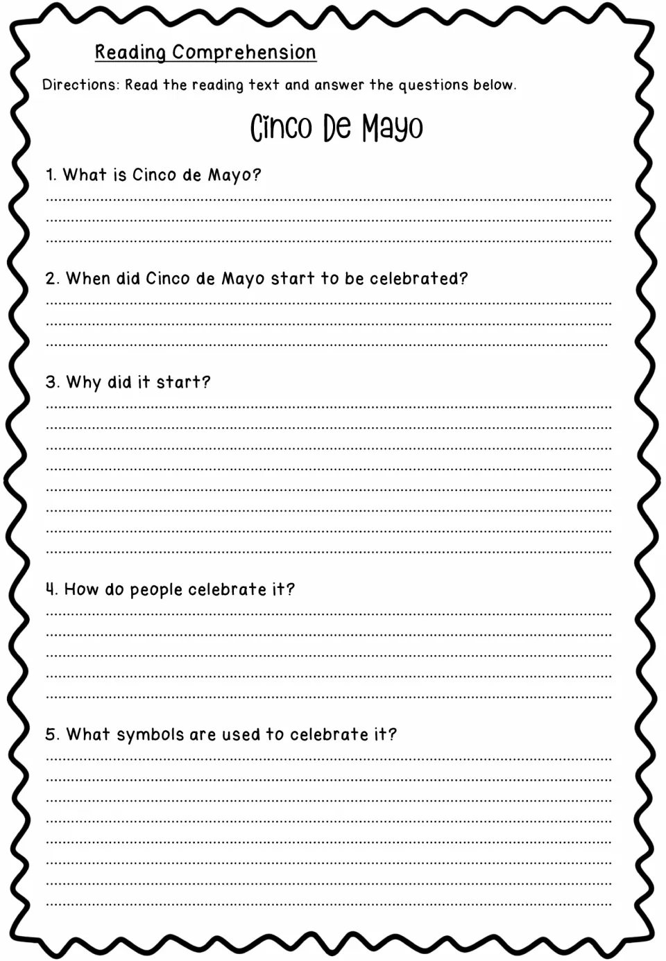 Reading comprehension: students answer 5 questions on what Cinco de Mayo is, when and why it started, celebrations, symbols