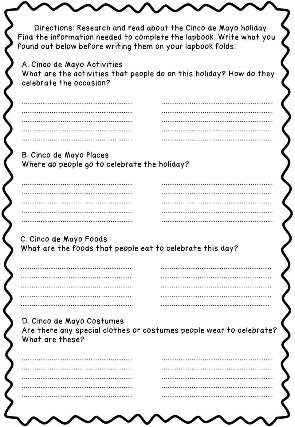 Research notes: students find and record Cinco de Mayo activities, places, foods and costumes for the lapbook folds
