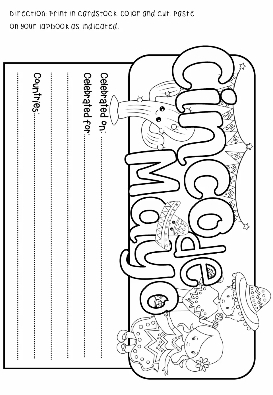 Cinco de Mayo title flap to color and cut; students fill in Celebrated on, Celebrated for and Countries
