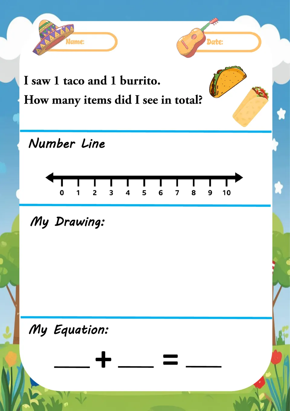 Addition story problem: 1 taco and 1 burrito; students find the total on a 0-10 number line, draw it and write an equation