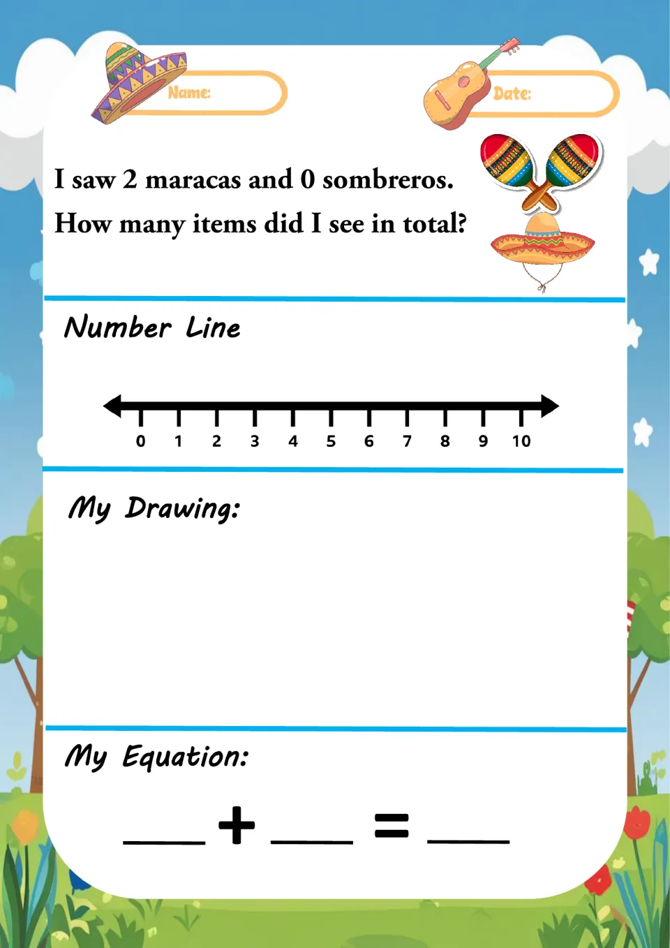 Adding zero: 2 maracas and 0 sombreros; students count the total on a 0-10 number line, sketch it and fill in the equation