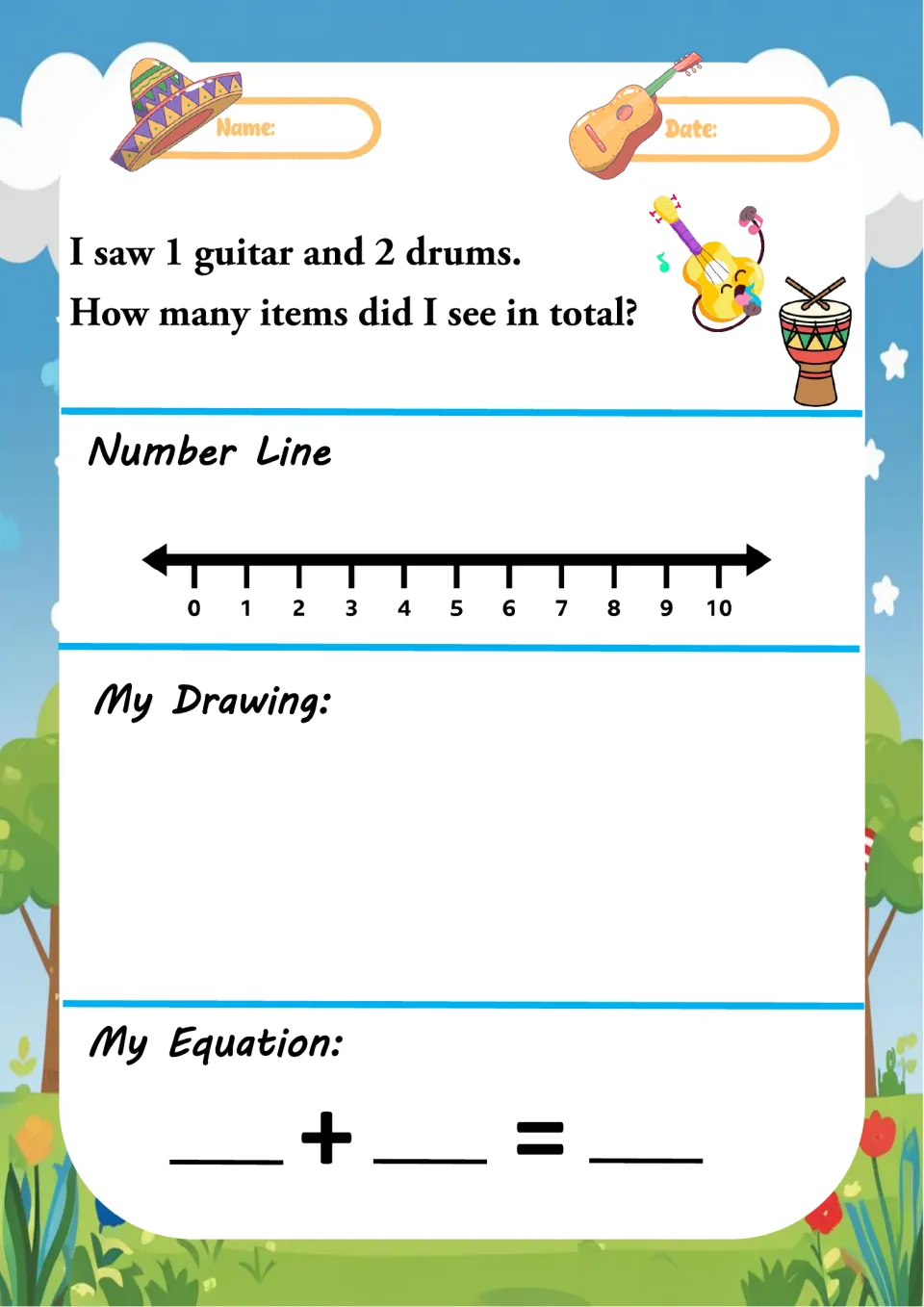 Music-themed addition problem: 1 guitar and 2 drums; students hop the 0-10 number line, draw the instruments and write a sum