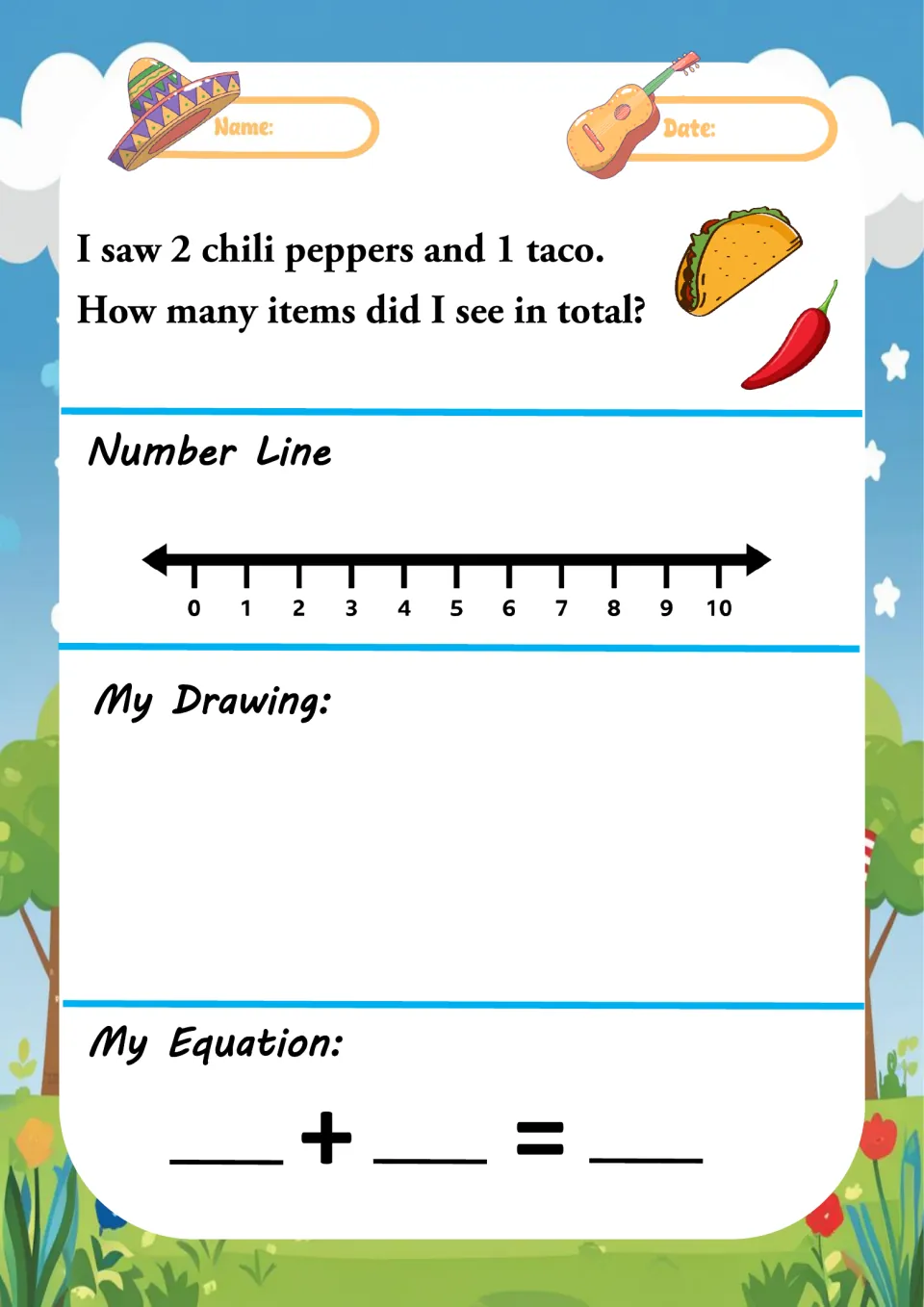 Food word problem: 2 chili peppers and 1 taco; students total the items using a 0-10 number line, a drawing and an equation