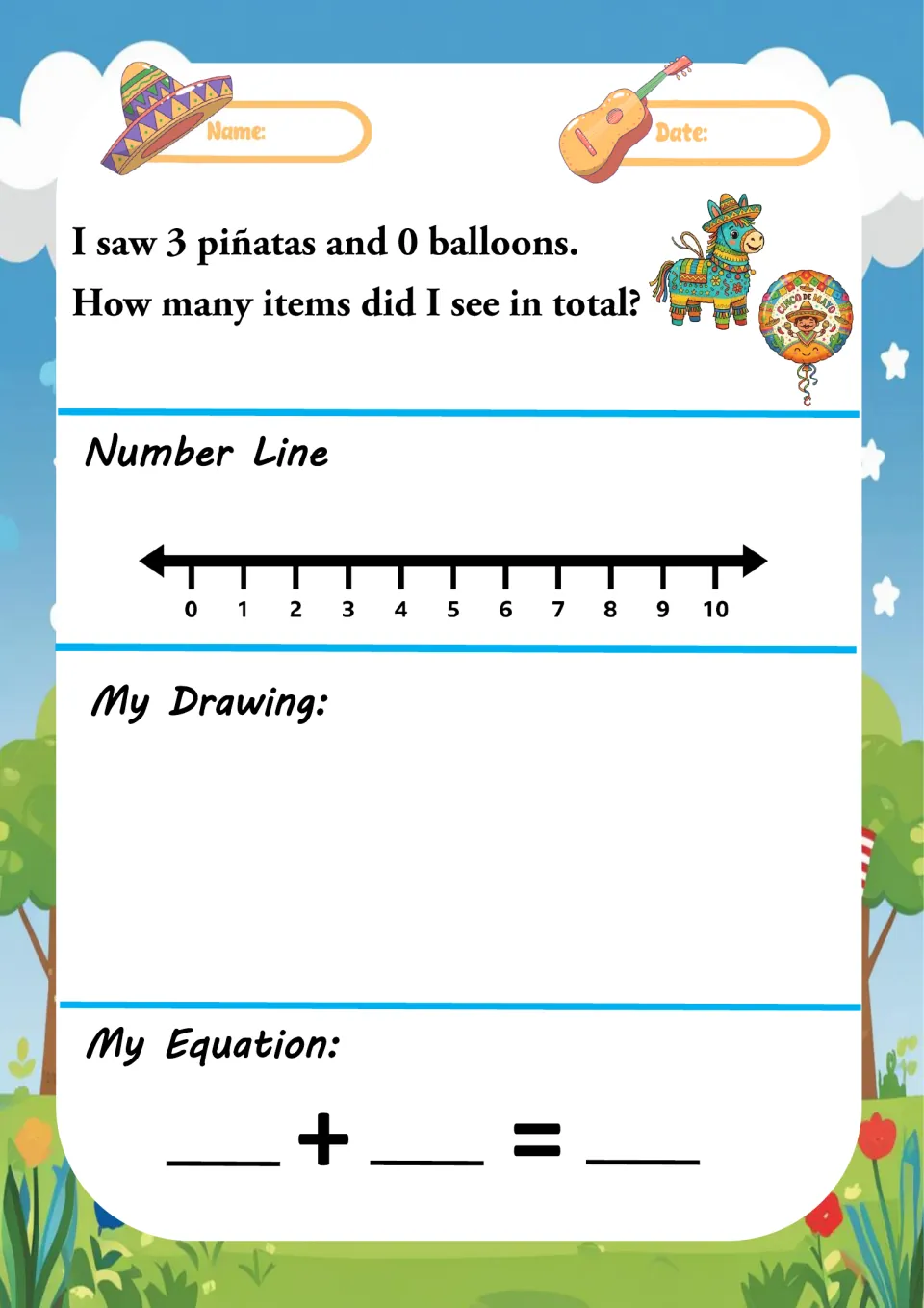 Plus-zero word problem: 3 piñatas and 0 balloons; students show the total on a 0-10 number line, draw it and fill in 3 + 0