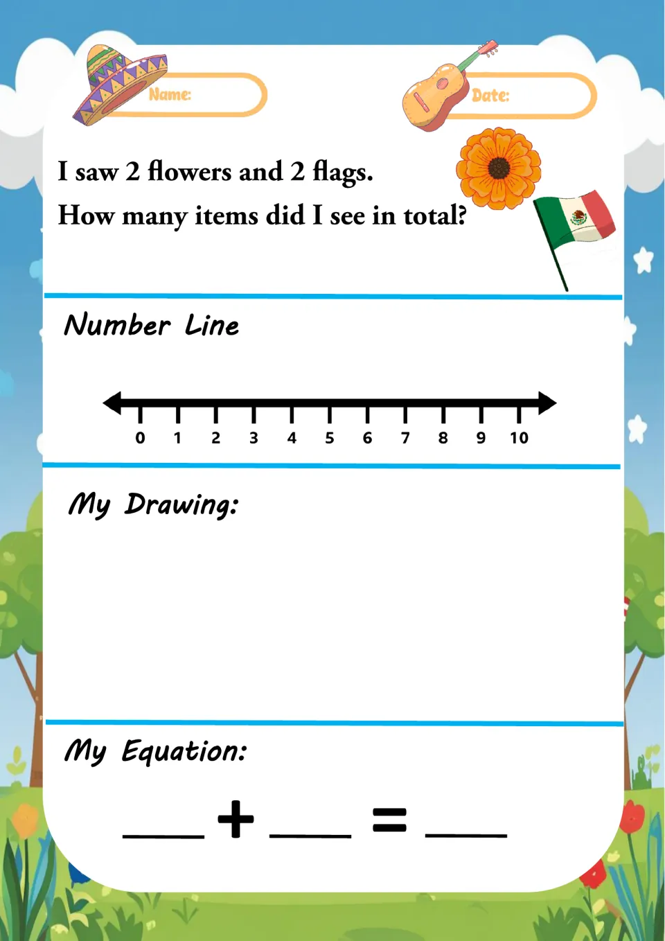Doubles addition problem: 2 flowers and 2 flags; students find the sum with a 0-10 number line, a picture and an equation
