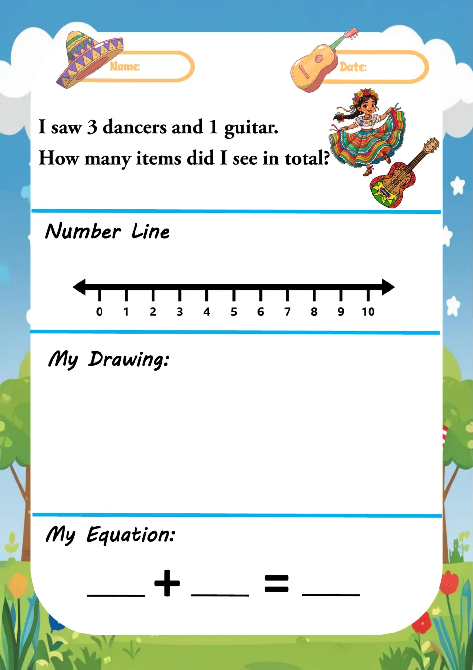 Festival word problem: 3 dancers and 1 guitar; students join the groups on a 0-10 number line, draw them and write 3 + 1