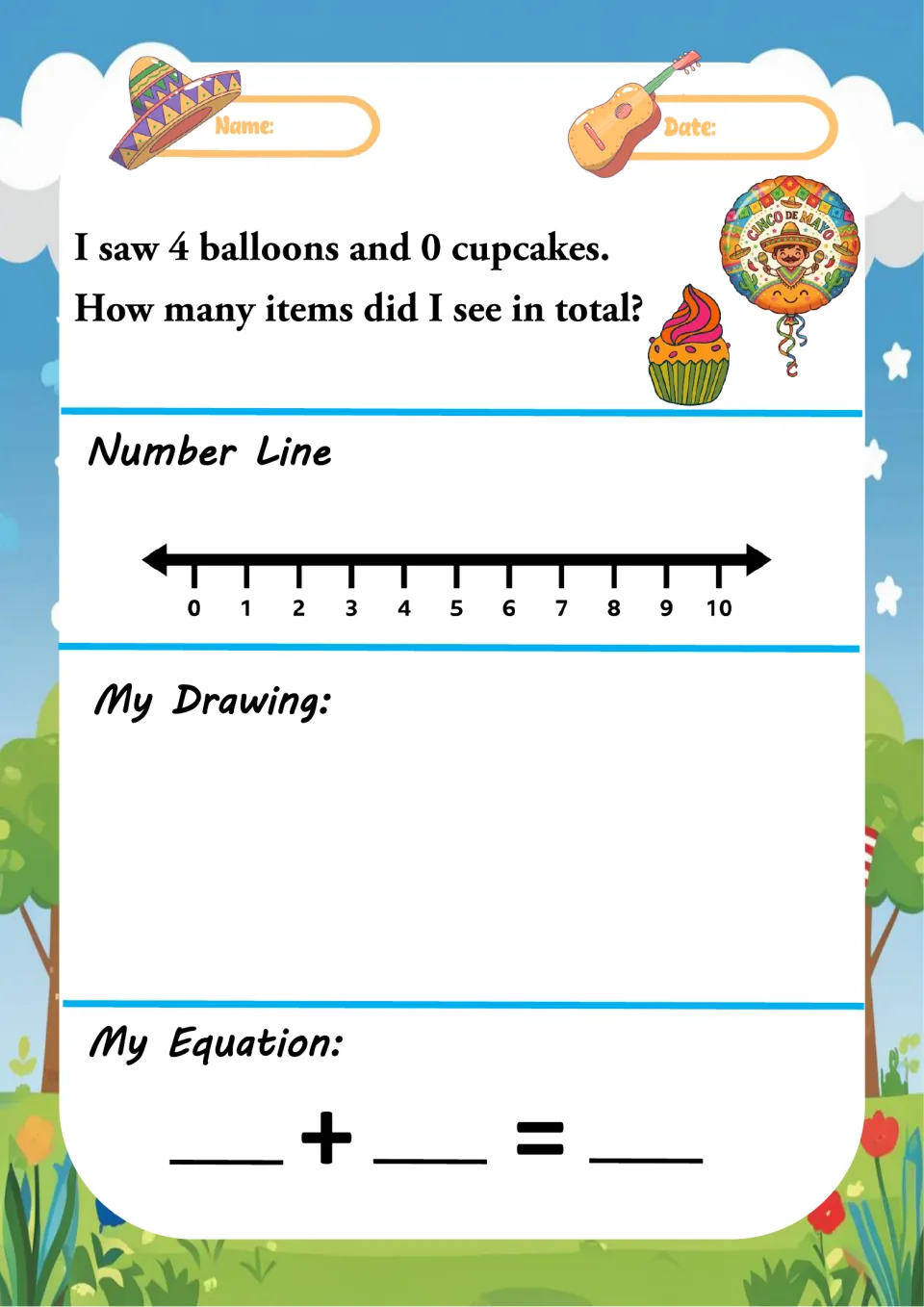 Zero in addition: 4 balloons and 0 cupcakes; students count the items on a 0-10 number line, draw them and write 4 + 0