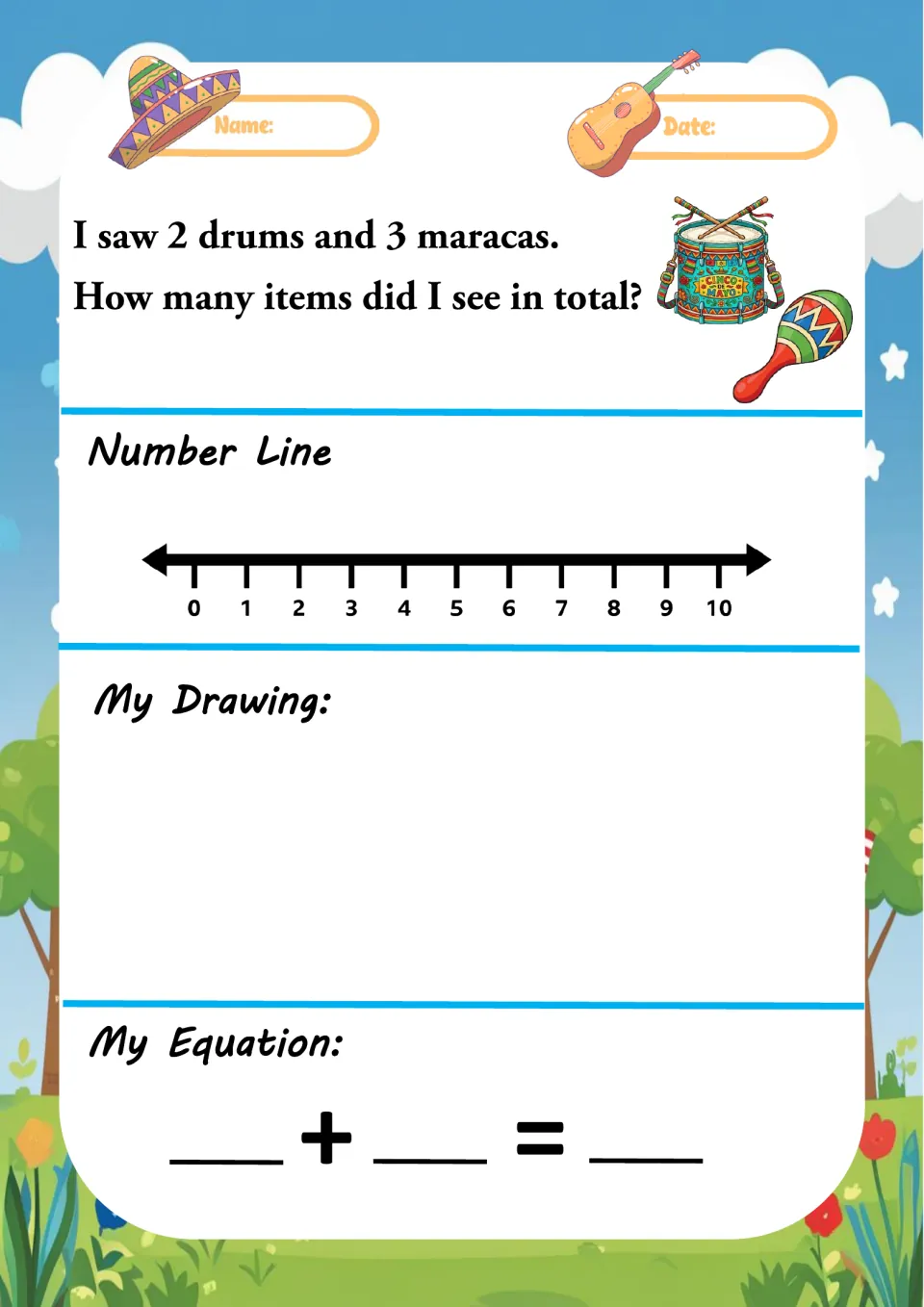 Instrument word problem: 2 drums and 3 maracas; students combine the groups on a 0-10 number line, then draw and write 2 + 3