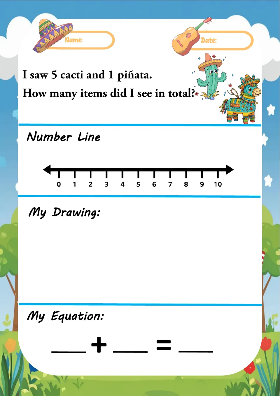 Counting-on word problem: 5 cacti and 1 piñata; students count on from 5 on a 0-10 number line, draw it and write 5 + 1