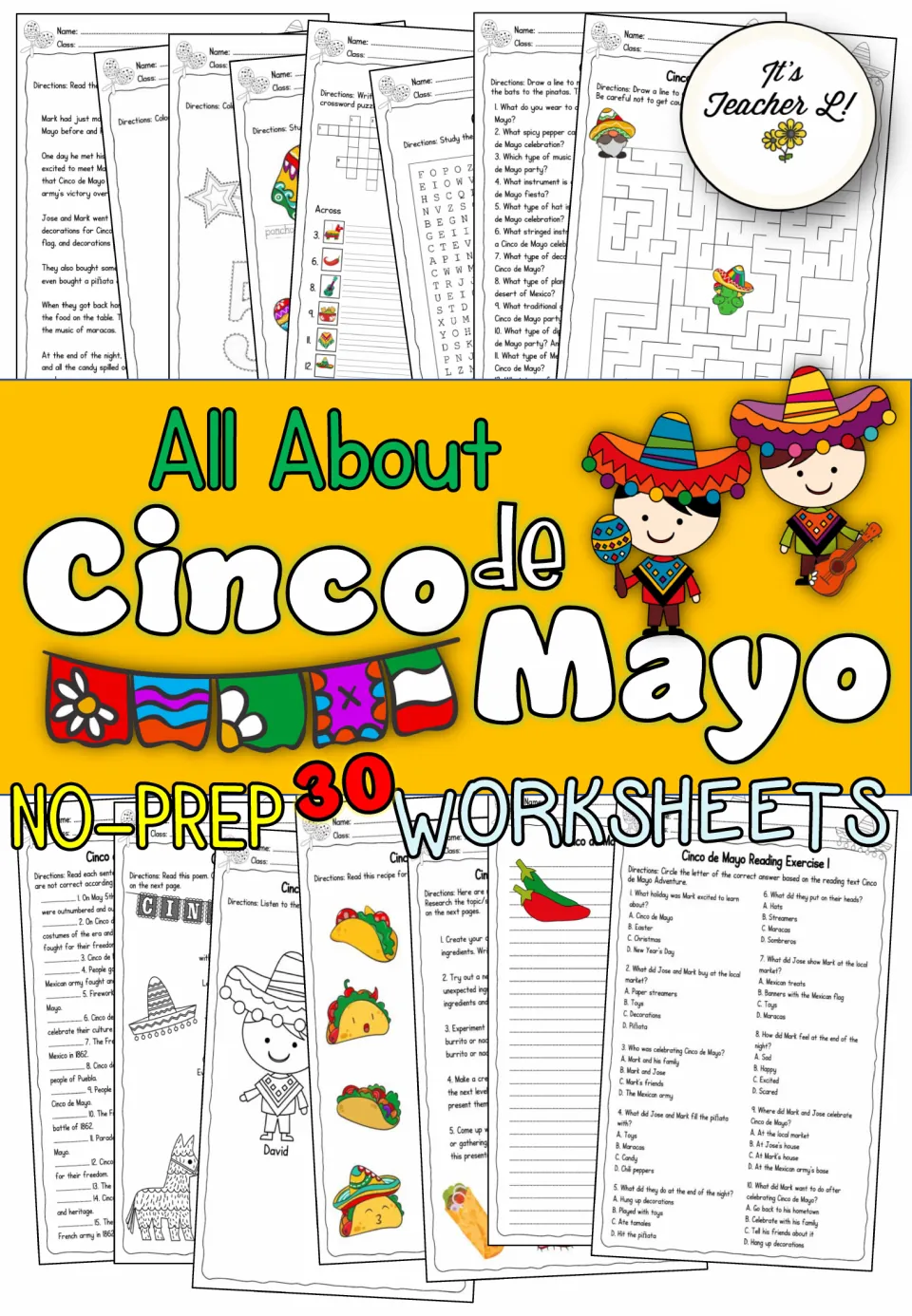 Cover of the Cinco de Mayo worksheet collection, advertising 30 no-prep sheets and showing activity samples
