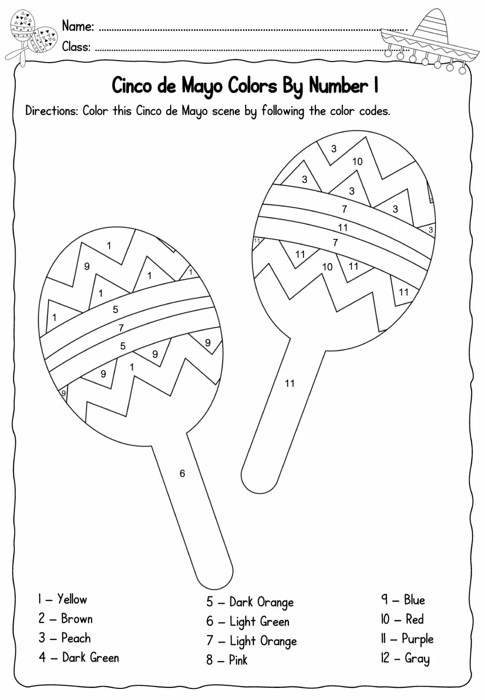 Cinco de Mayo color-by-number sheet 1: two patterned maracas to color using a numbered key of 12 colors