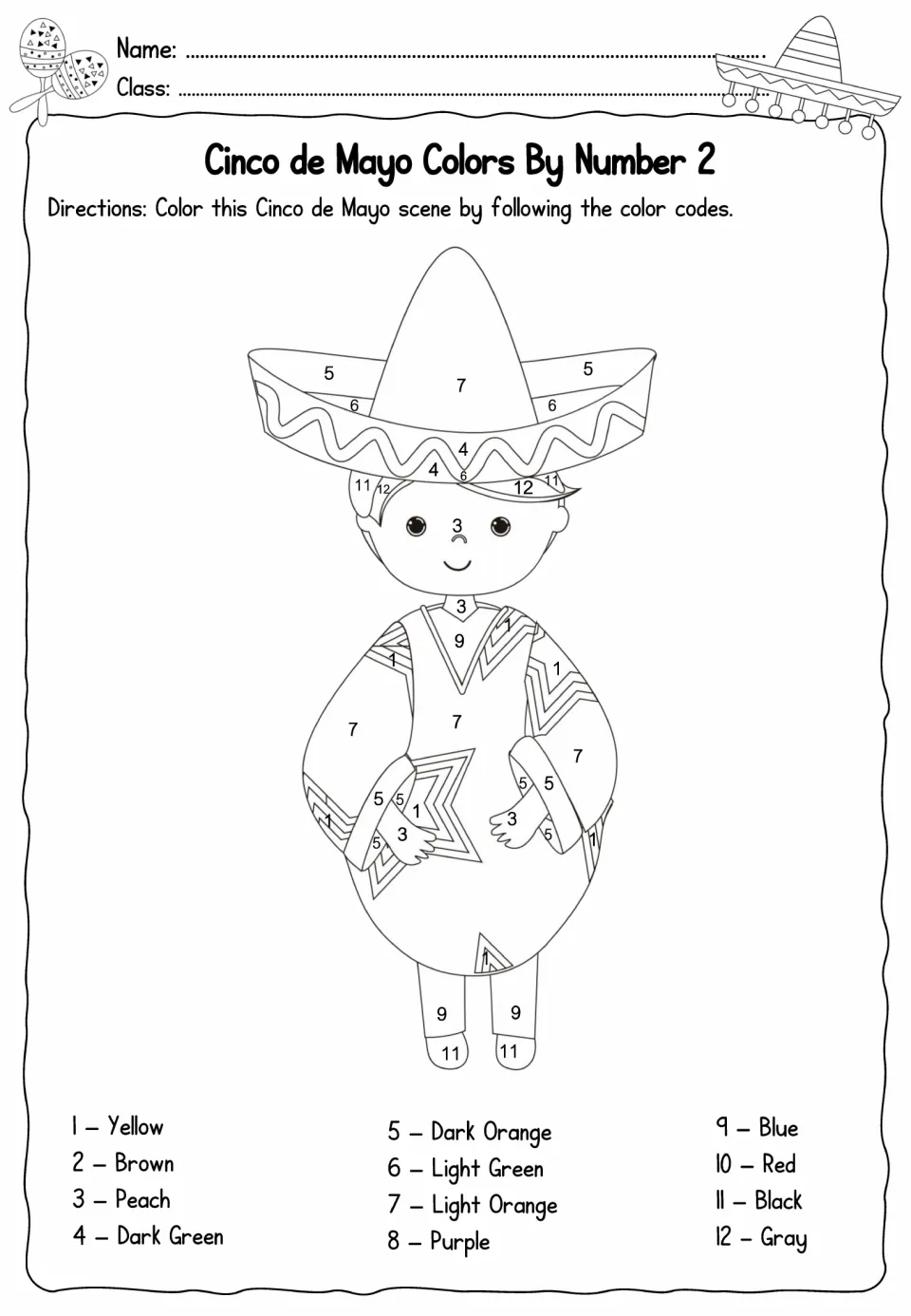 Cinco de Mayo color-by-number sheet 2: a child wearing a sombrero and poncho, with a key of 12 colors