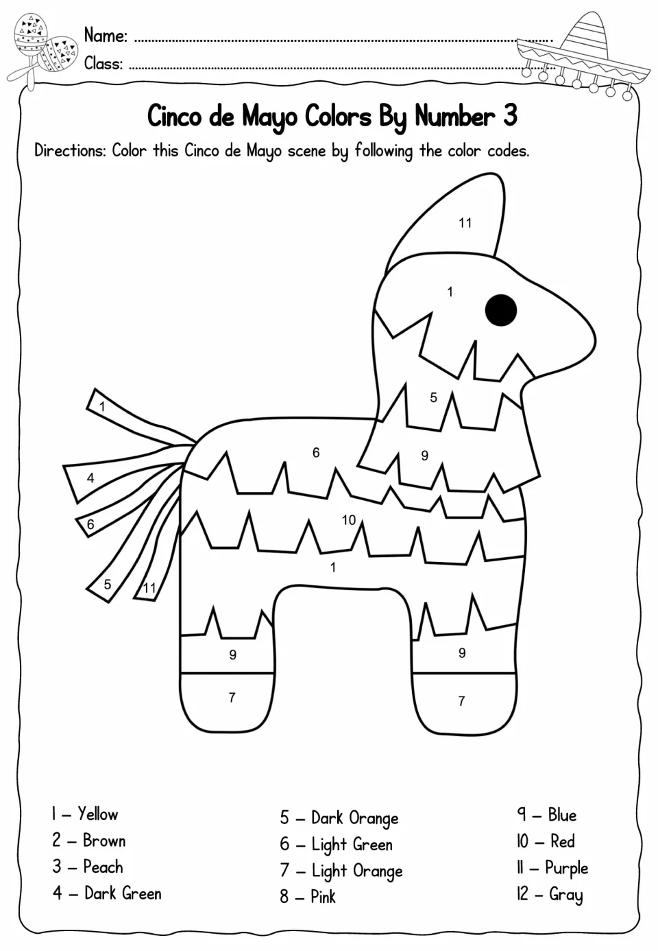 Cinco de Mayo color-by-number sheet 3: a donkey-shaped piñata to color using a numbered key of 12 colors