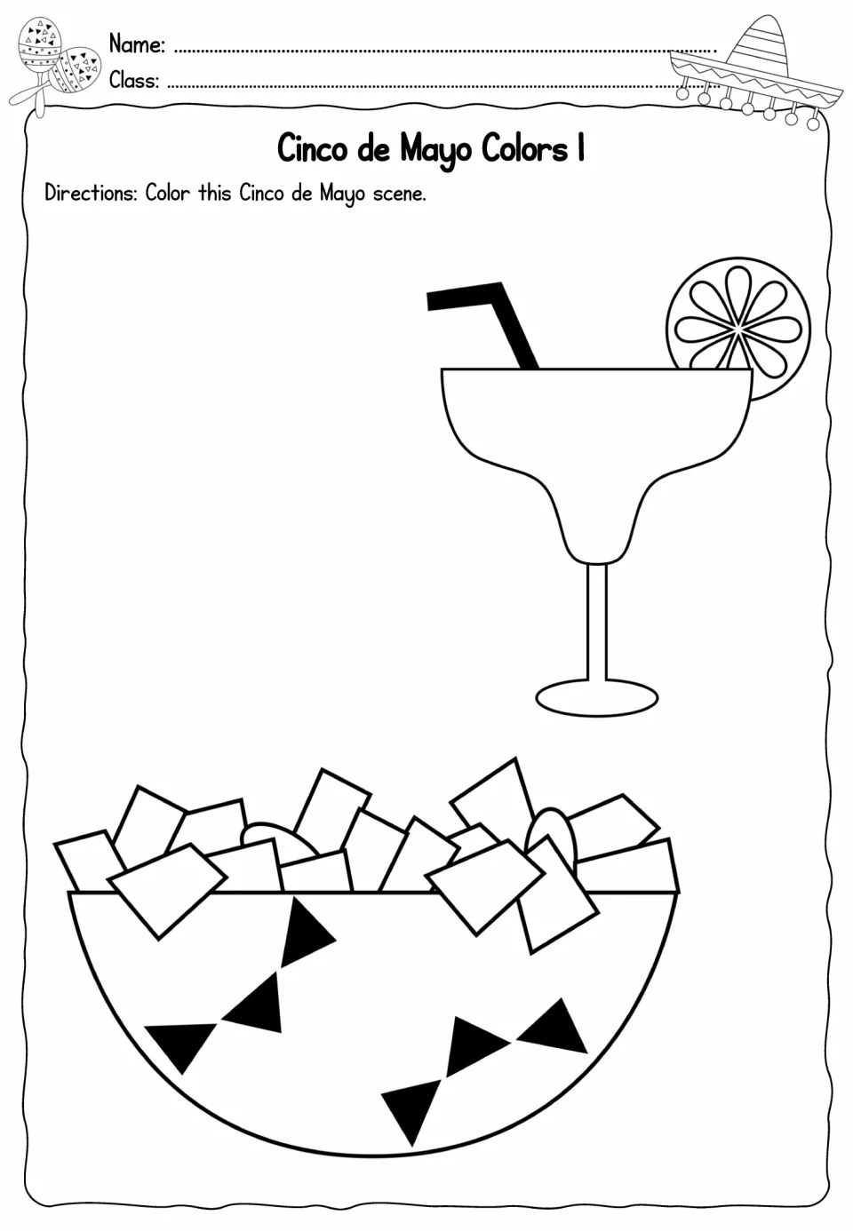 Cinco de Mayo coloring sheet 1: a bowl of chips and a drink with a straw and citrus slice for students to color