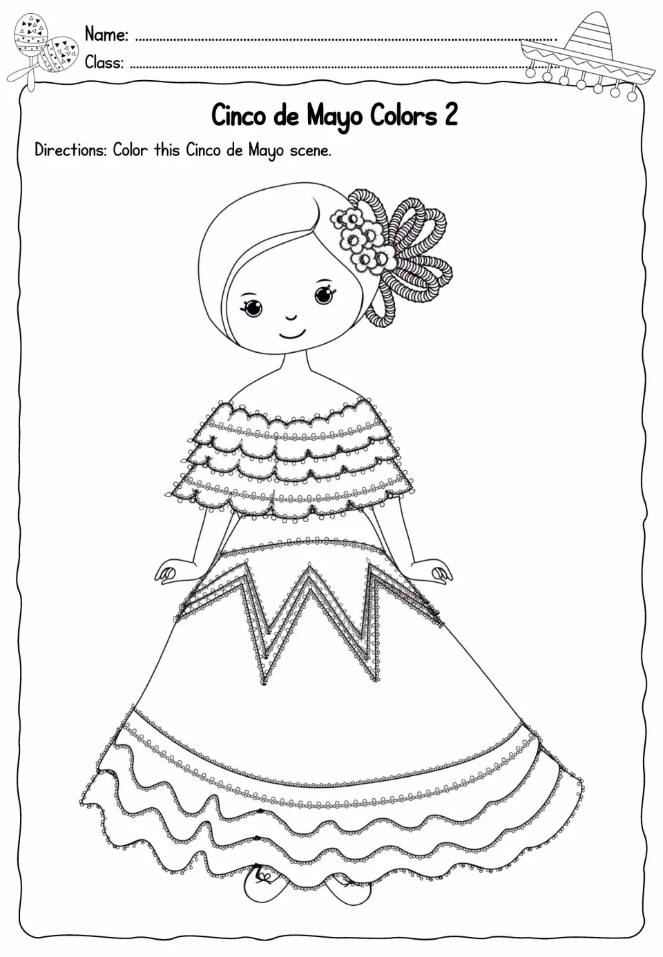 Cinco de Mayo coloring sheet 2: a girl in a ruffled dress with flowers and ribbons in her hair to color