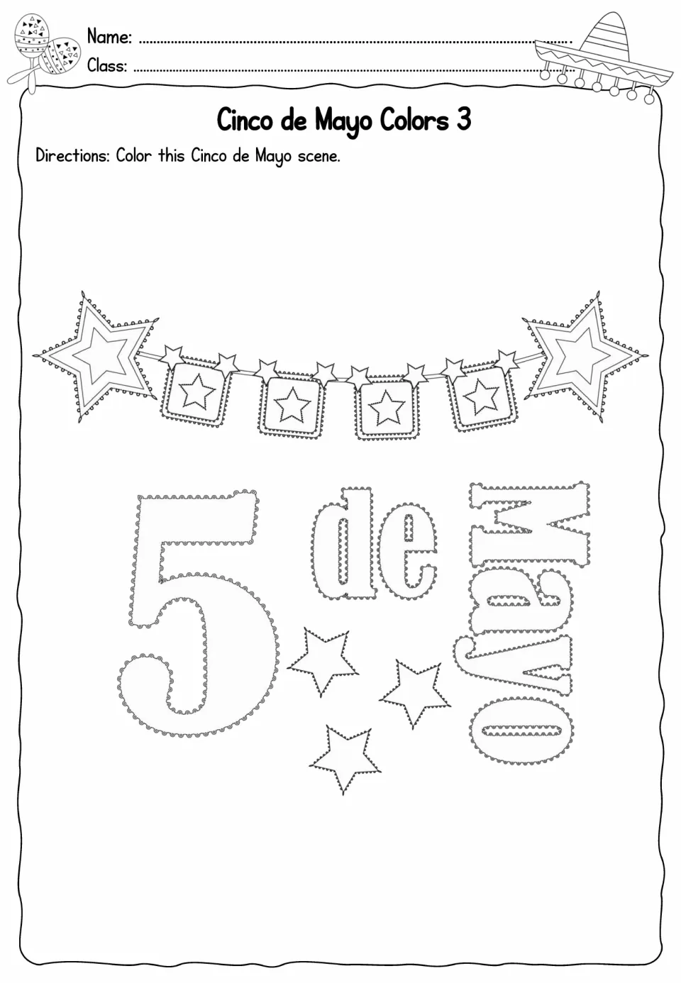 Cinco de Mayo coloring sheet 3: the words and numeral “5 de Mayo” (May 5), with a star garland to color