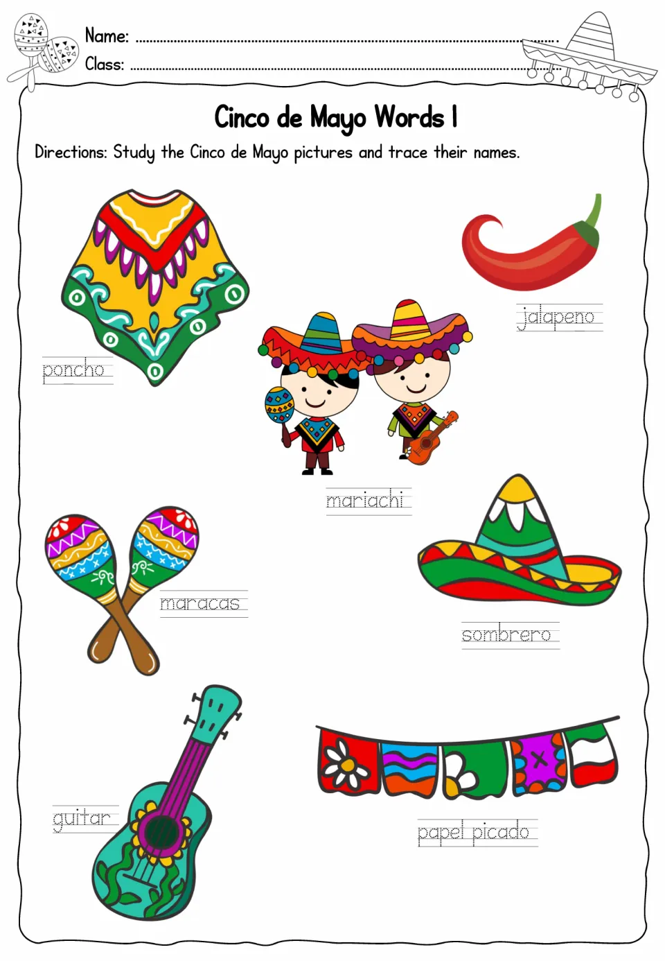 Cinco de Mayo vocabulary tracing sheet 1: poncho, jalapeno, mariachi, maracas, and three more pictured words