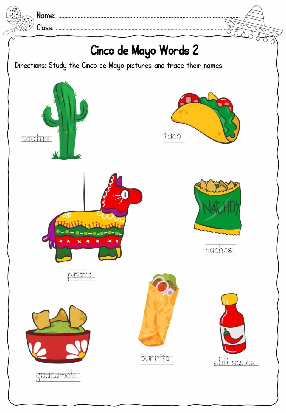 Cinco de Mayo vocabulary tracing sheet 2: cactus, taco, pinata, nachos, and three more pictured words