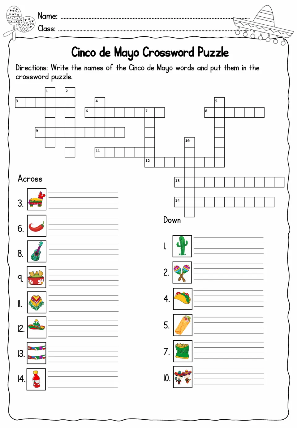 Cinco de Mayo crossword: 14 picture clues reuse words from the tracing sheets, including cactus and taco