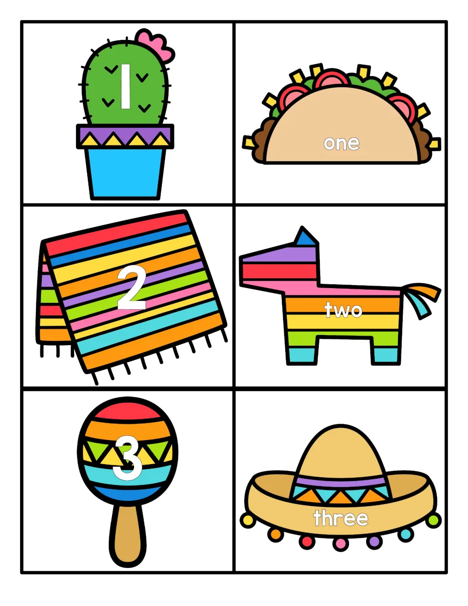 Numbers 1 to 3: numerals on a cactus, serape and maraca to match with taco, piñata and sombrero cards saying one to three
