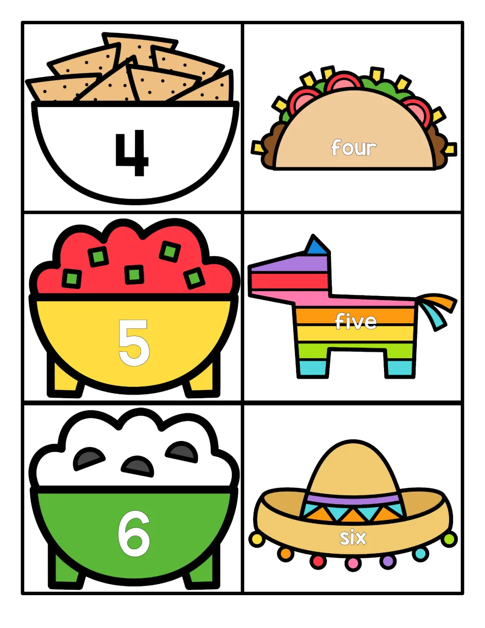 Numbers 4 to 6: numerals on chip, salsa and guacamole bowls to match with word cards reading four, five and six