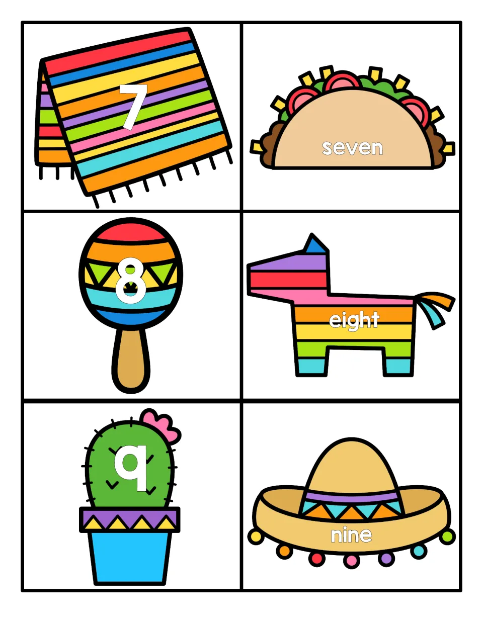 Numbers 7 to 9: numeral cards on a serape, maraca and cactus to pair with word cards reading seven, eight and nine
