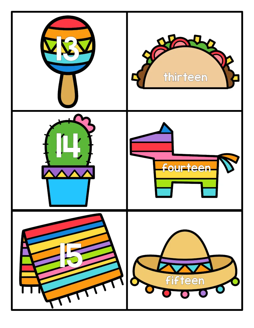 Numbers 13 to 15: numerals on a maraca, cactus and serape to match with word cards reading thirteen, fourteen, fifteen